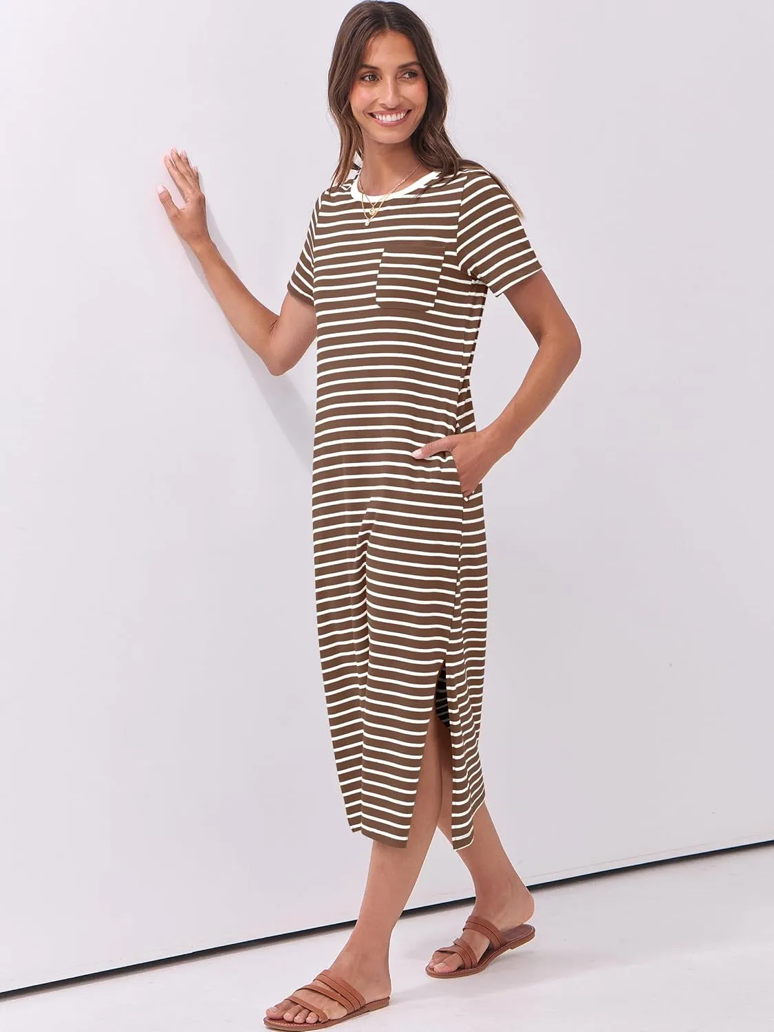 ANRABESS Womens Summer Casual Midi Dress Short Sleeve Crewneck T Shirt Long Dresses Split Stripe Beach Vacation Travel Outfit