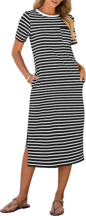 ANRABESS Womens Summer Casual Midi Dress Short Sleeve Crewneck T Shirt Long Dresses Split Stripe Beach Vacation Travel Outfit