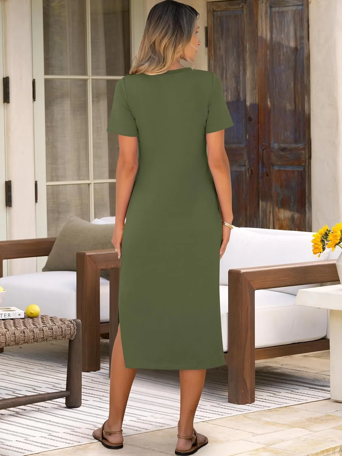 ANRABESS Womens Summer Casual Midi Dress Short Sleeve Crewneck T Shirt Long Dresses Split Stripe Beach Vacation Travel Outfit