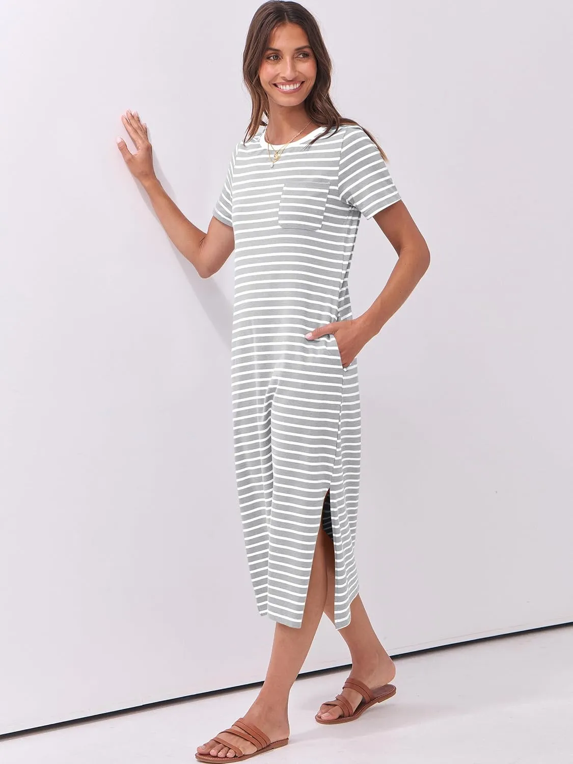 ANRABESS Womens Summer Casual Midi Dress Short Sleeve Crewneck T Shirt Long Dresses Split Stripe Beach Vacation Travel Outfit