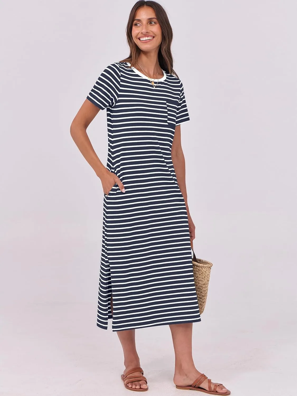 ANRABESS Womens Summer Casual Midi Dress Short Sleeve Crewneck T Shirt Long Dresses Split Stripe Beach Vacation Travel Outfit