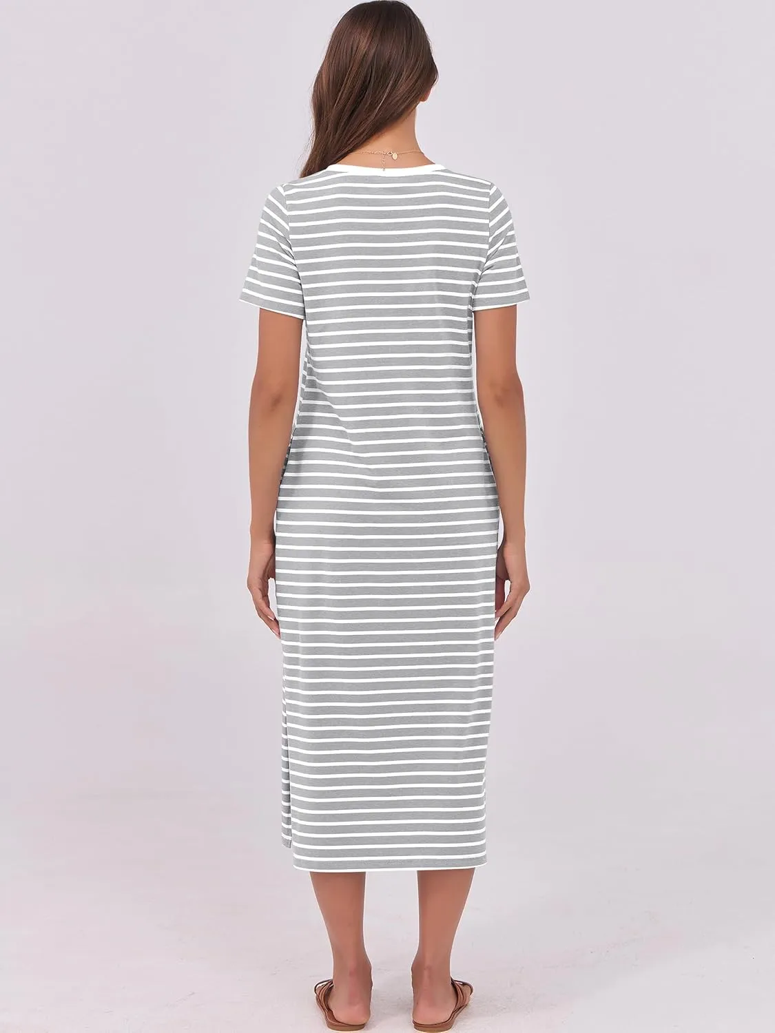 ANRABESS Womens Summer Casual Midi Dress Short Sleeve Crewneck T Shirt Long Dresses Split Stripe Beach Vacation Travel Outfit