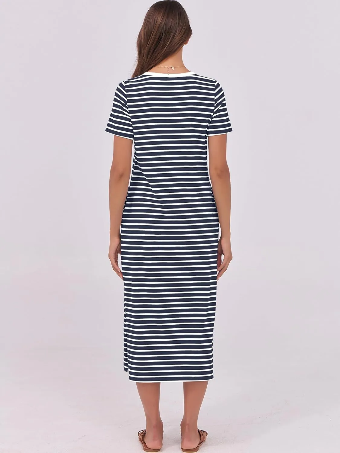 ANRABESS Womens Summer Casual Midi Dress Short Sleeve Crewneck T Shirt Long Dresses Split Stripe Beach Vacation Travel Outfit
