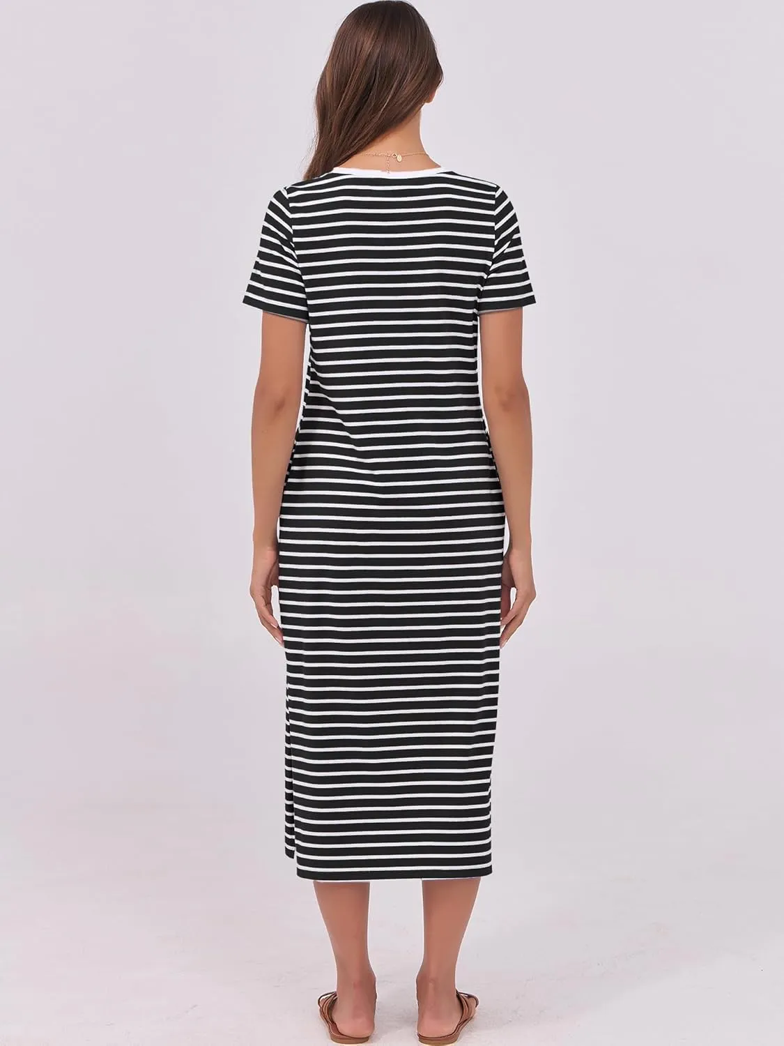 ANRABESS Womens Summer Casual Midi Dress Short Sleeve Crewneck T Shirt Long Dresses Split Stripe Beach Vacation Travel Outfit