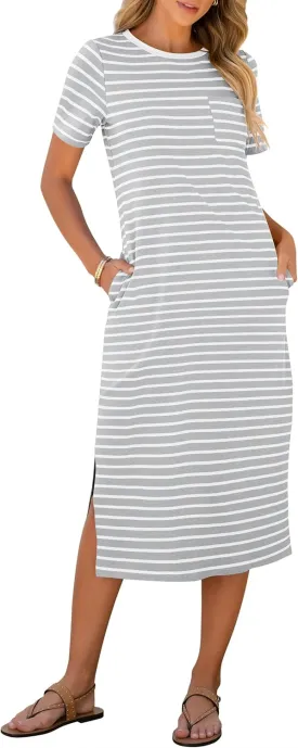 ANRABESS Womens Summer Casual Midi Dress Short Sleeve Crewneck T Shirt Long Dresses Split Stripe Beach Vacation Travel Outfit