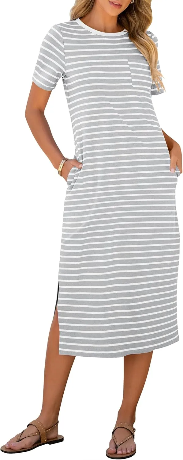 ANRABESS Womens Summer Casual Midi Dress Short Sleeve Crewneck T Shirt Long Dresses Split Stripe Beach Vacation Travel Outfit
