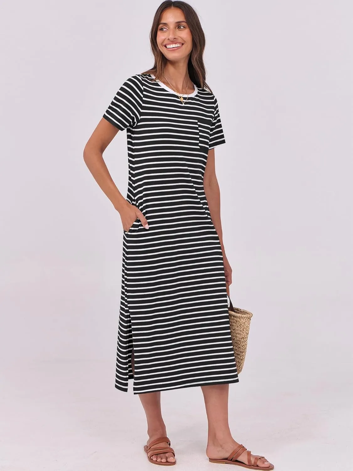 ANRABESS Womens Summer Casual Midi Dress Short Sleeve Crewneck T Shirt Long Dresses Split Stripe Beach Vacation Travel Outfit