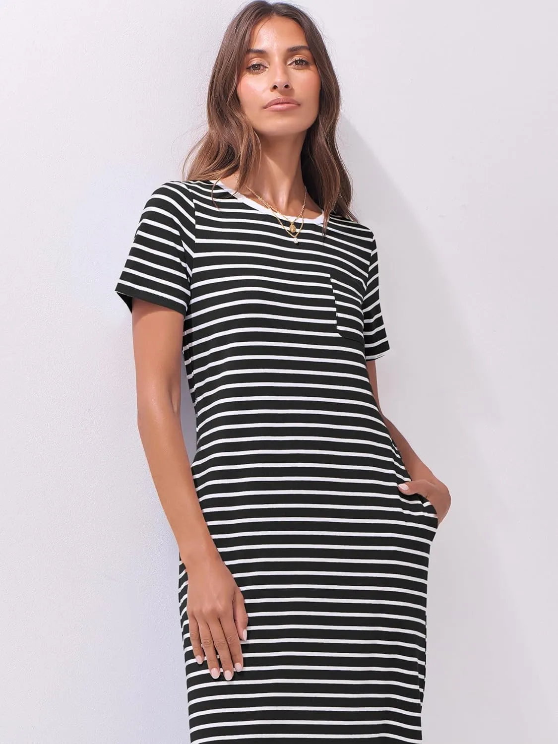 ANRABESS Womens Summer Casual Midi Dress Short Sleeve Crewneck T Shirt Long Dresses Split Stripe Beach Vacation Travel Outfit