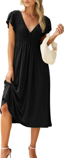 BerryGo Womens Summer Casual Midi Dress V Neck Flutter Short Sleeve Smocked A Line Flowy Graduation Spring Dress 2025