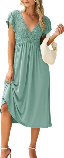 BerryGo Womens Summer Casual Midi Dress V Neck Flutter Short Sleeve Smocked A Line Flowy Graduation Spring Dress 2025