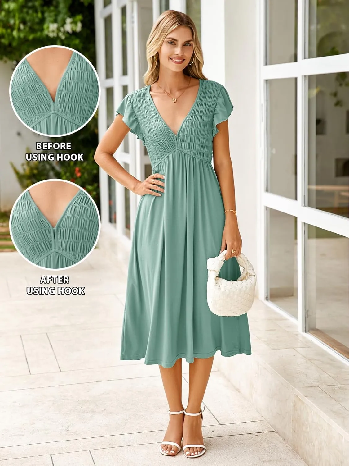 BerryGo Womens Summer Casual Midi Dress V Neck Flutter Short Sleeve Smocked A Line Flowy Graduation Spring Dress 2025