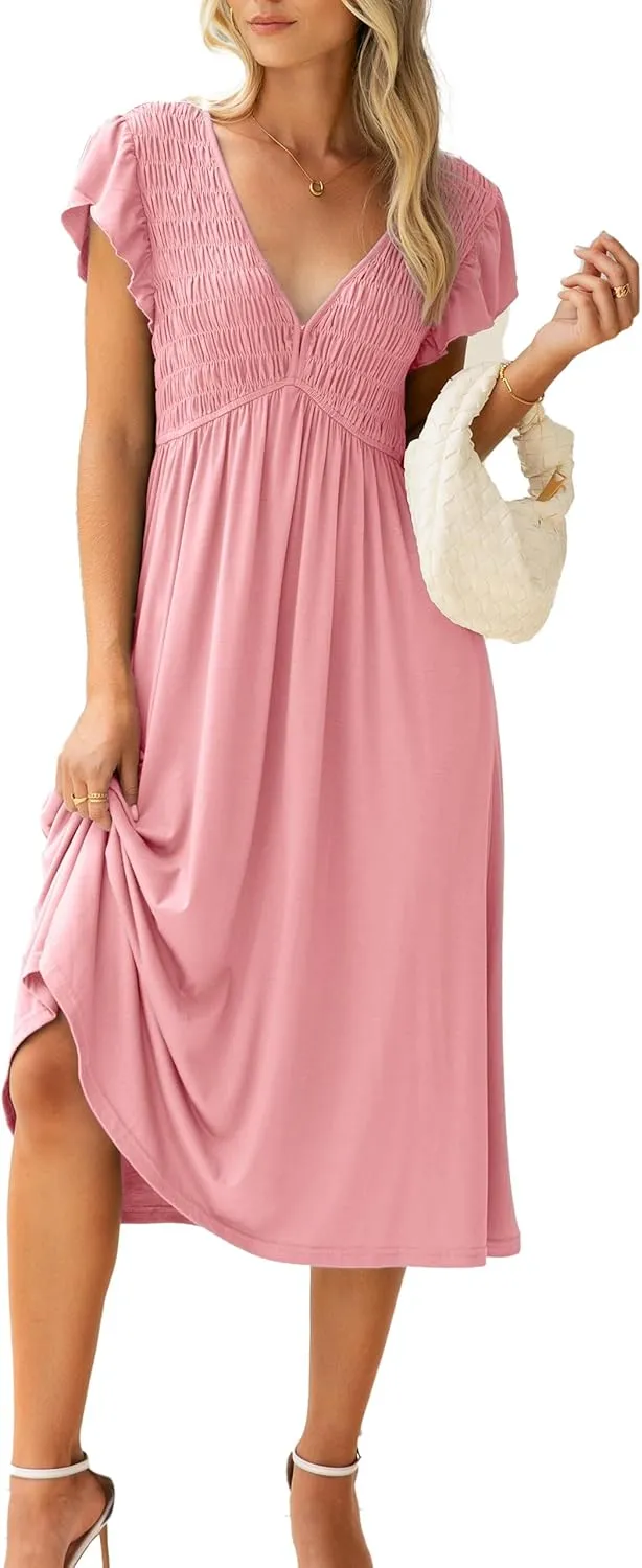 BerryGo Womens Summer Casual Midi Dress V Neck Flutter Short Sleeve Smocked A Line Flowy Graduation Spring Dress 2025