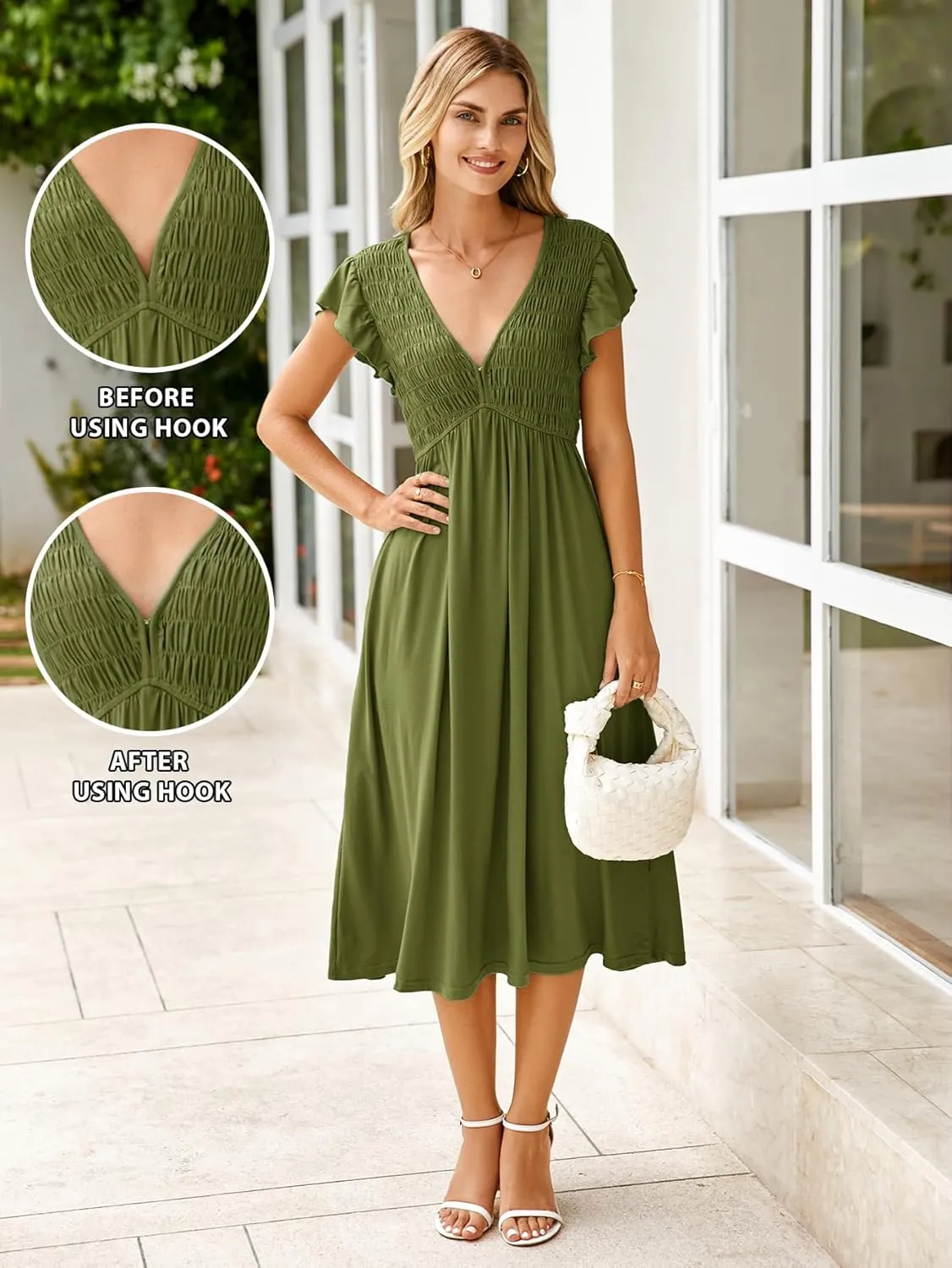 BerryGo Womens Summer Casual Midi Dress V Neck Flutter Short Sleeve Smocked A Line Flowy Graduation Spring Dress 2025