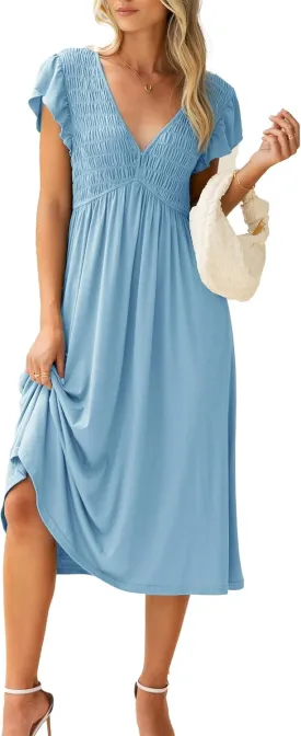 BerryGo Womens Summer Casual Midi Dress V Neck Flutter Short Sleeve Smocked A Line Flowy Graduation Spring Dress 2025