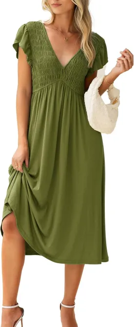 BerryGo Womens Summer Casual Midi Dress V Neck Flutter Short Sleeve Smocked A Line Flowy Graduation Spring Dress 2025