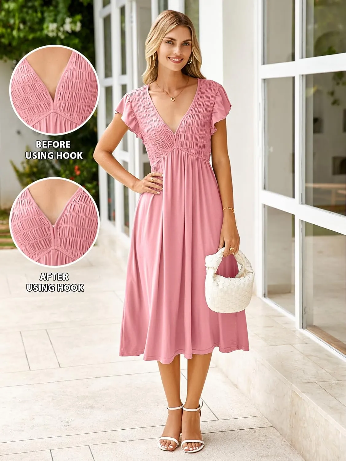 BerryGo Womens Summer Casual Midi Dress V Neck Flutter Short Sleeve Smocked A Line Flowy Graduation Spring Dress 2025