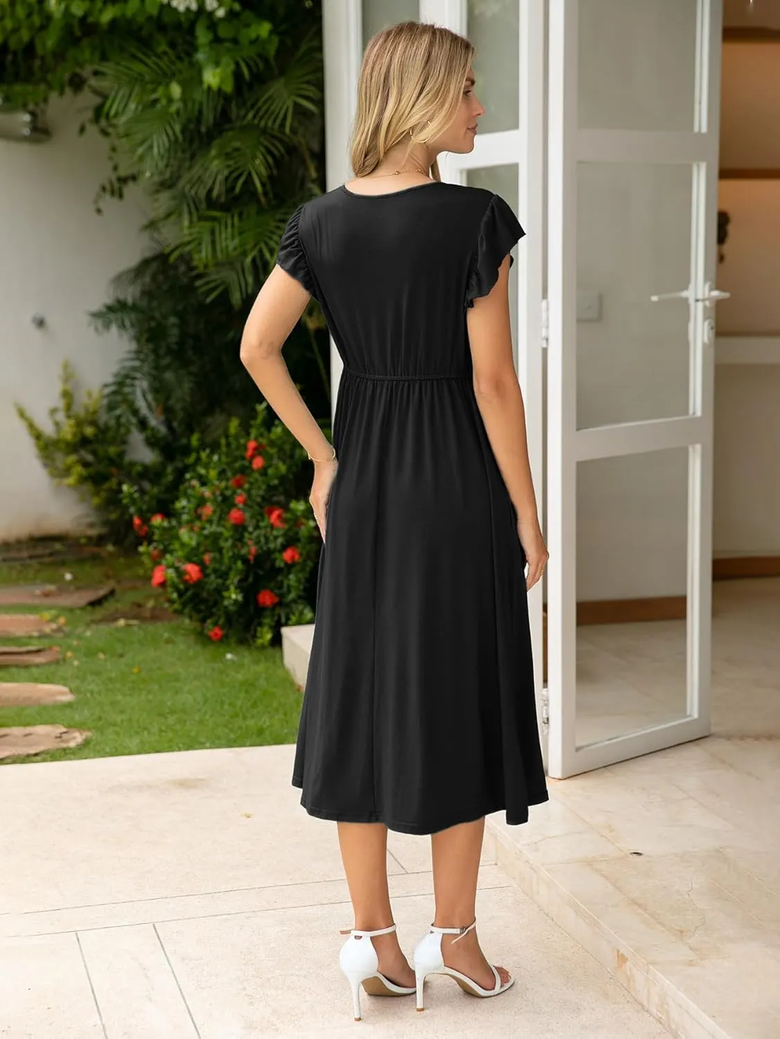 BerryGo Womens Summer Casual Midi Dress V Neck Flutter Short Sleeve Smocked A Line Flowy Graduation Spring Dress 2025