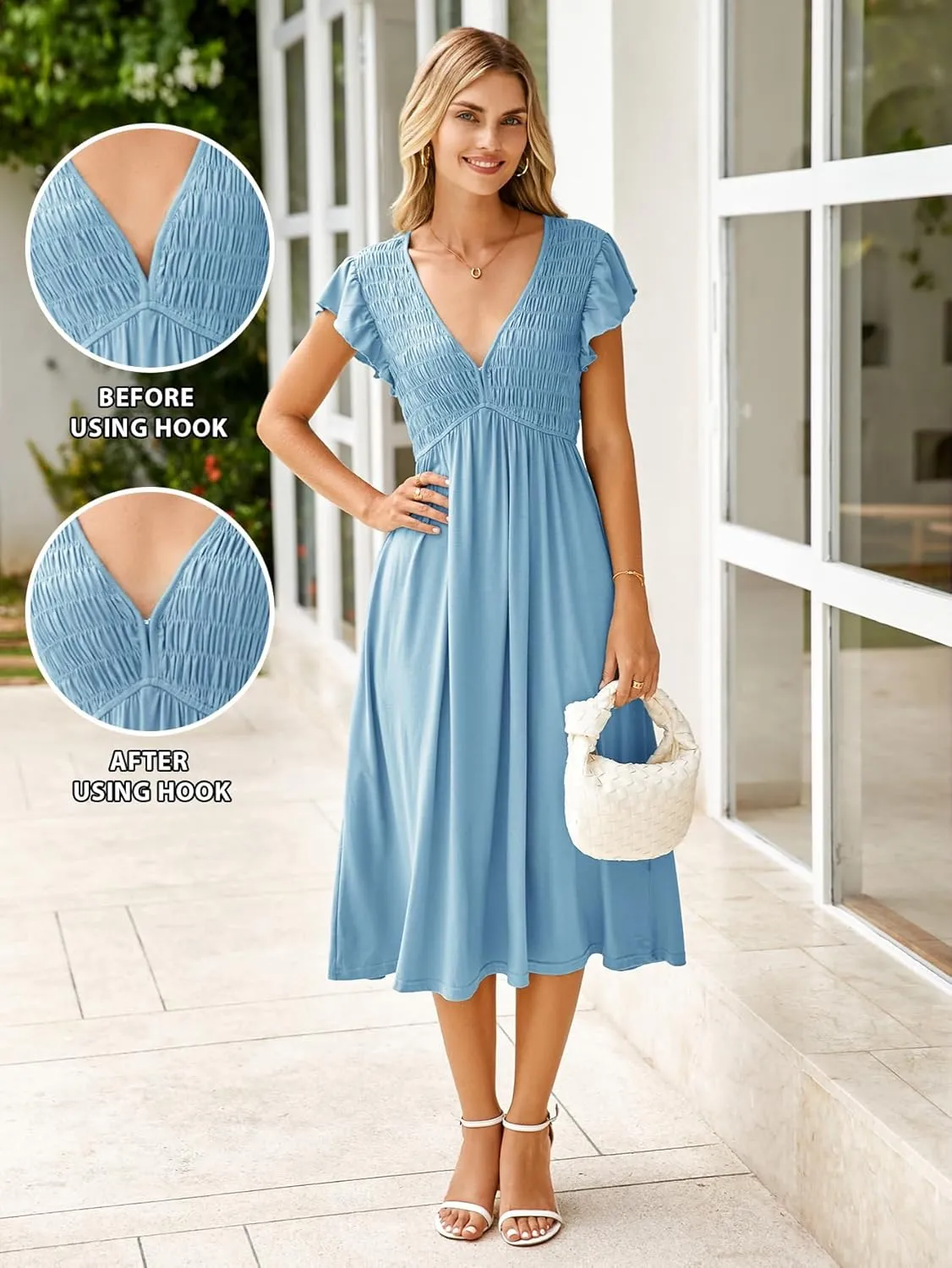 BerryGo Womens Summer Casual Midi Dress V Neck Flutter Short Sleeve Smocked A Line Flowy Graduation Spring Dress 2025