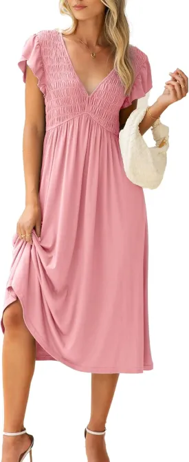 BerryGo Womens Summer Casual Midi Dress V Neck Flutter Short Sleeve Smocked A Line Flowy Graduation Spring Dress 2025