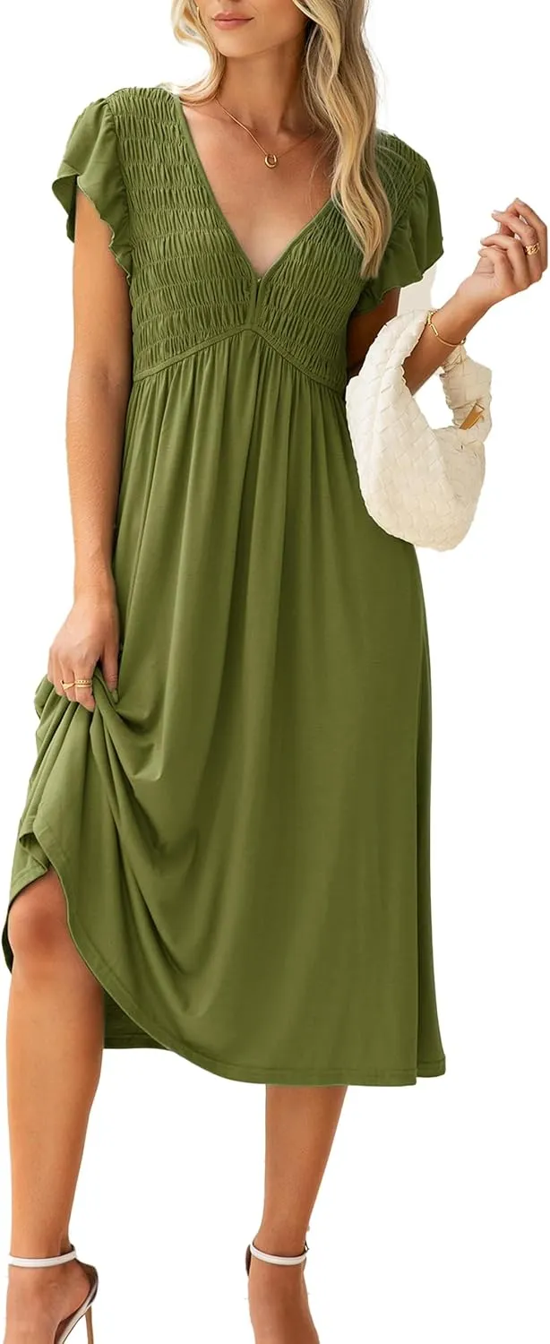 BerryGo Womens Summer Casual Midi Dress V Neck Flutter Short Sleeve Smocked A Line Flowy Graduation Spring Dress 2025
