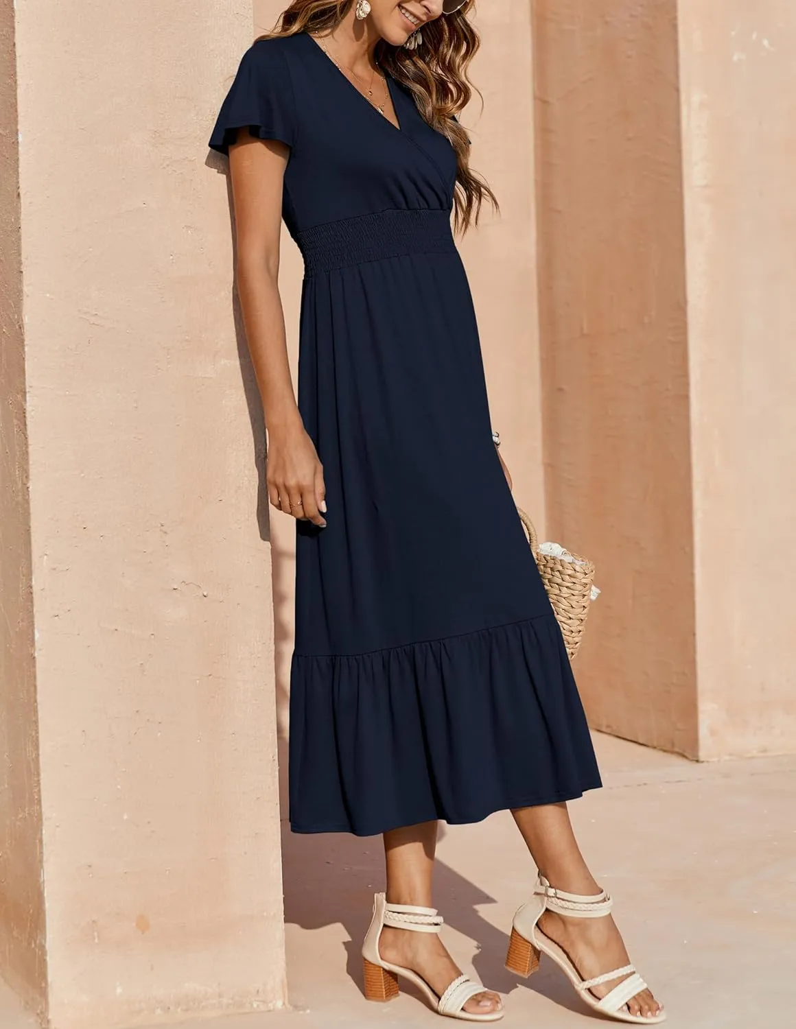 Bluetime Women Dresses Summer Casual Midi Dress Wrap V Neck Swing Ruffle Short Sleeve A-line High Waist Tiered Long Dress