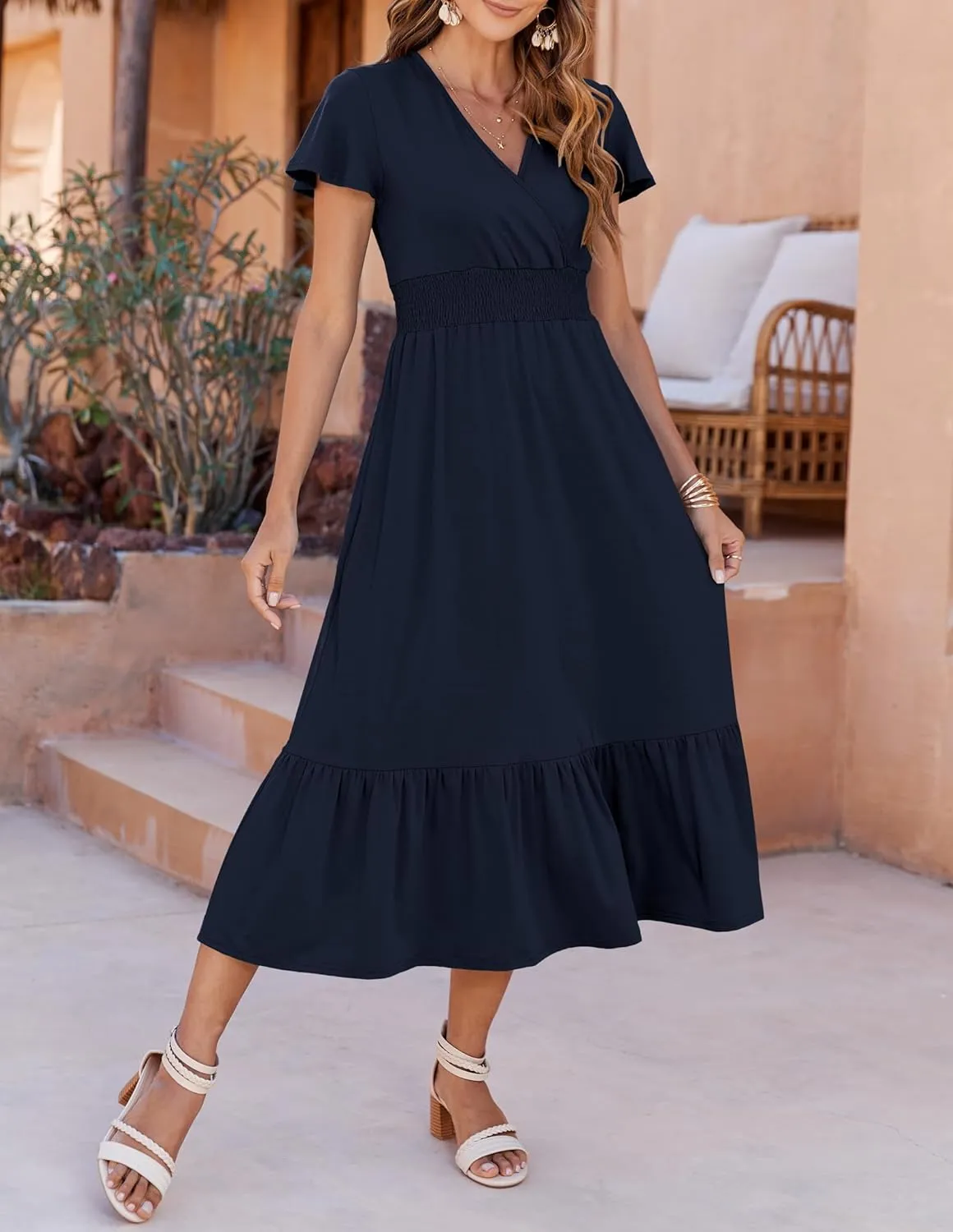 Bluetime Women Dresses Summer Casual Midi Dress Wrap V Neck Swing Ruffle Short Sleeve A-line High Waist Tiered Long Dress