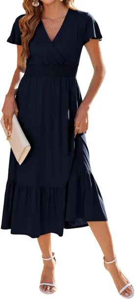 Bluetime Women Dresses Summer Casual Midi Dress Wrap V Neck Swing Ruffle Short Sleeve A-line High Waist Tiered Long Dress