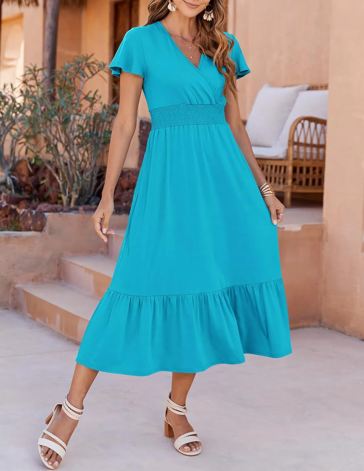 Bluetime Women Dresses Summer Casual Midi Dress Wrap V Neck Swing Ruffle Short Sleeve A-line High Waist Tiered Long Dress