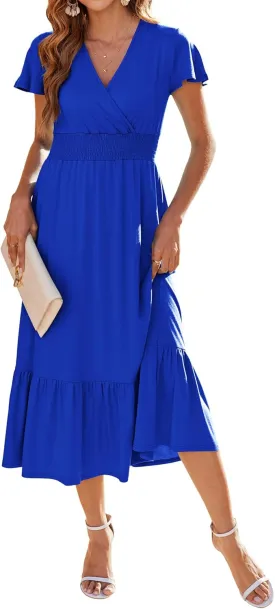 Bluetime Women Dresses Summer Casual Midi Dress Wrap V Neck Swing Ruffle Short Sleeve A-line High Waist Tiered Long Dress