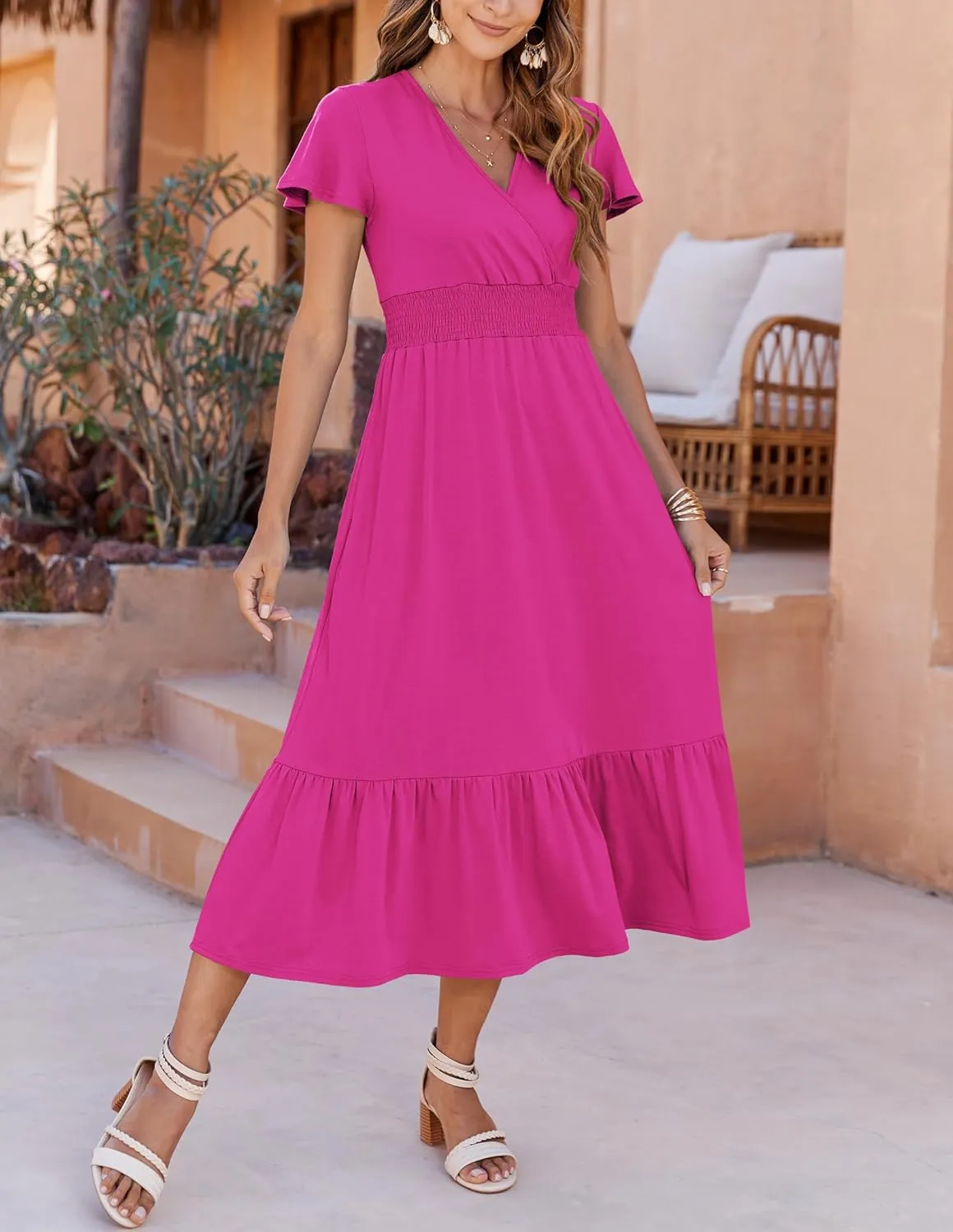 Bluetime Women Dresses Summer Casual Midi Dress Wrap V Neck Swing Ruffle Short Sleeve A-line High Waist Tiered Long Dress