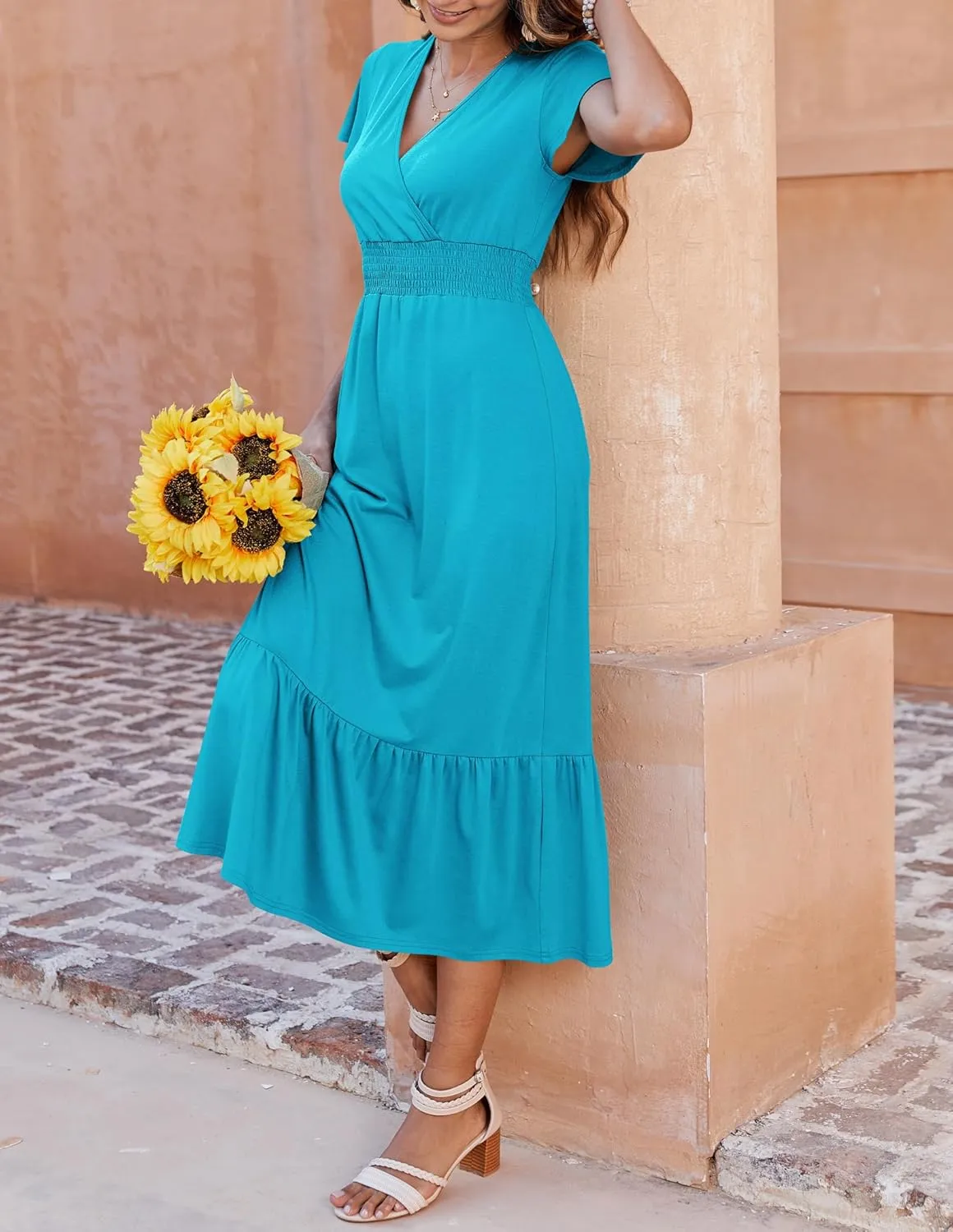 Bluetime Women Dresses Summer Casual Midi Dress Wrap V Neck Swing Ruffle Short Sleeve A-line High Waist Tiered Long Dress