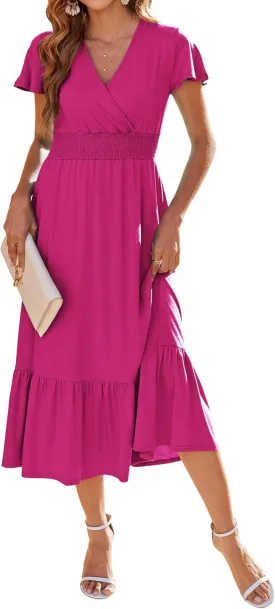 Bluetime Women Dresses Summer Casual Midi Dress Wrap V Neck Swing Ruffle Short Sleeve A-line High Waist Tiered Long Dress