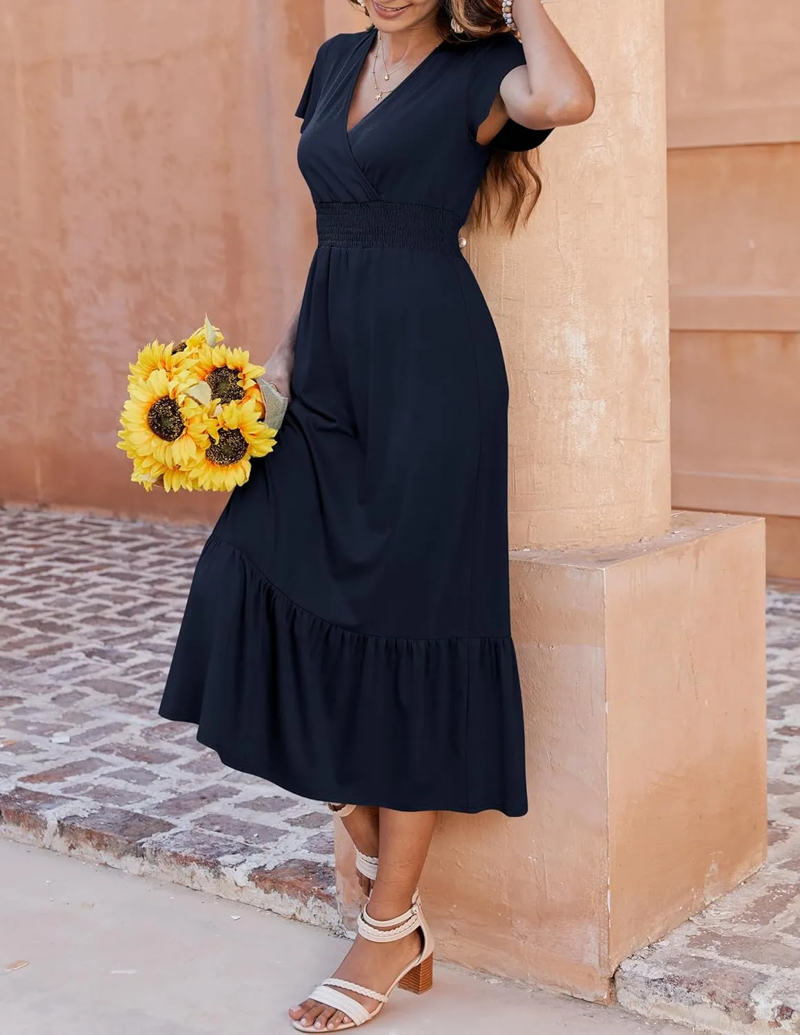 Bluetime Women Dresses Summer Casual Midi Dress Wrap V Neck Swing Ruffle Short Sleeve A-line High Waist Tiered Long Dress