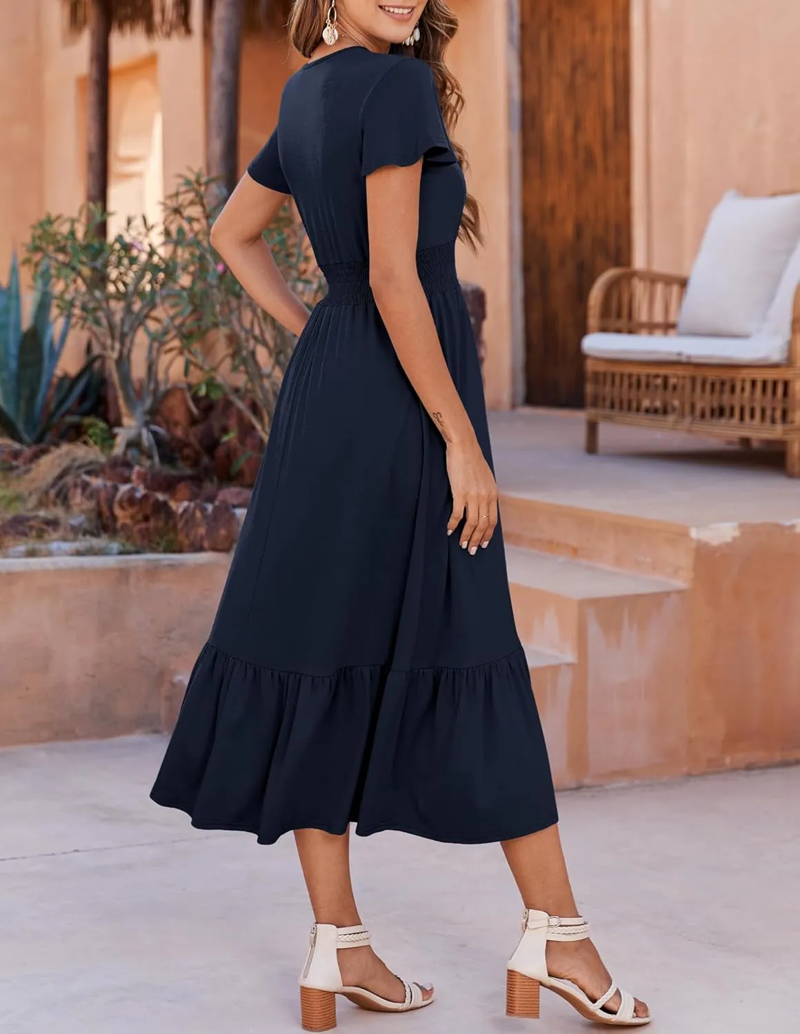 Bluetime Women Dresses Summer Casual Midi Dress Wrap V Neck Swing Ruffle Short Sleeve A-line High Waist Tiered Long Dress