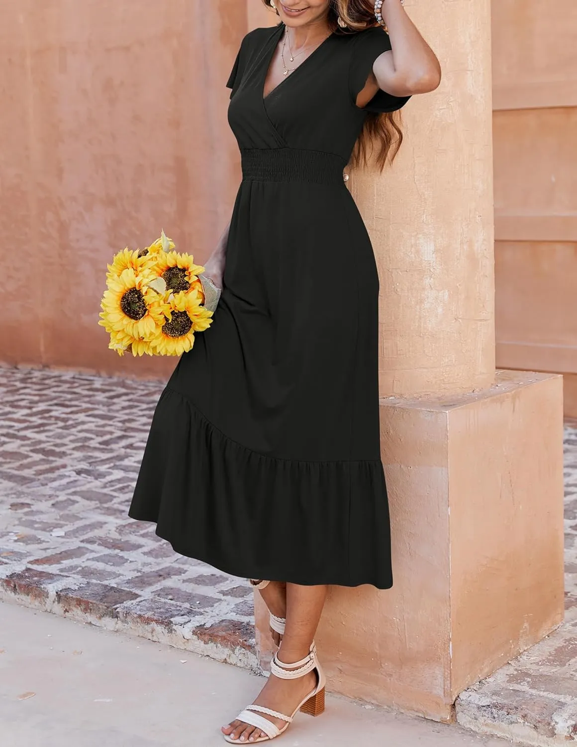 Bluetime Women Dresses Summer Casual Midi Dress Wrap V Neck Swing Ruffle Short Sleeve A-line High Waist Tiered Long Dress