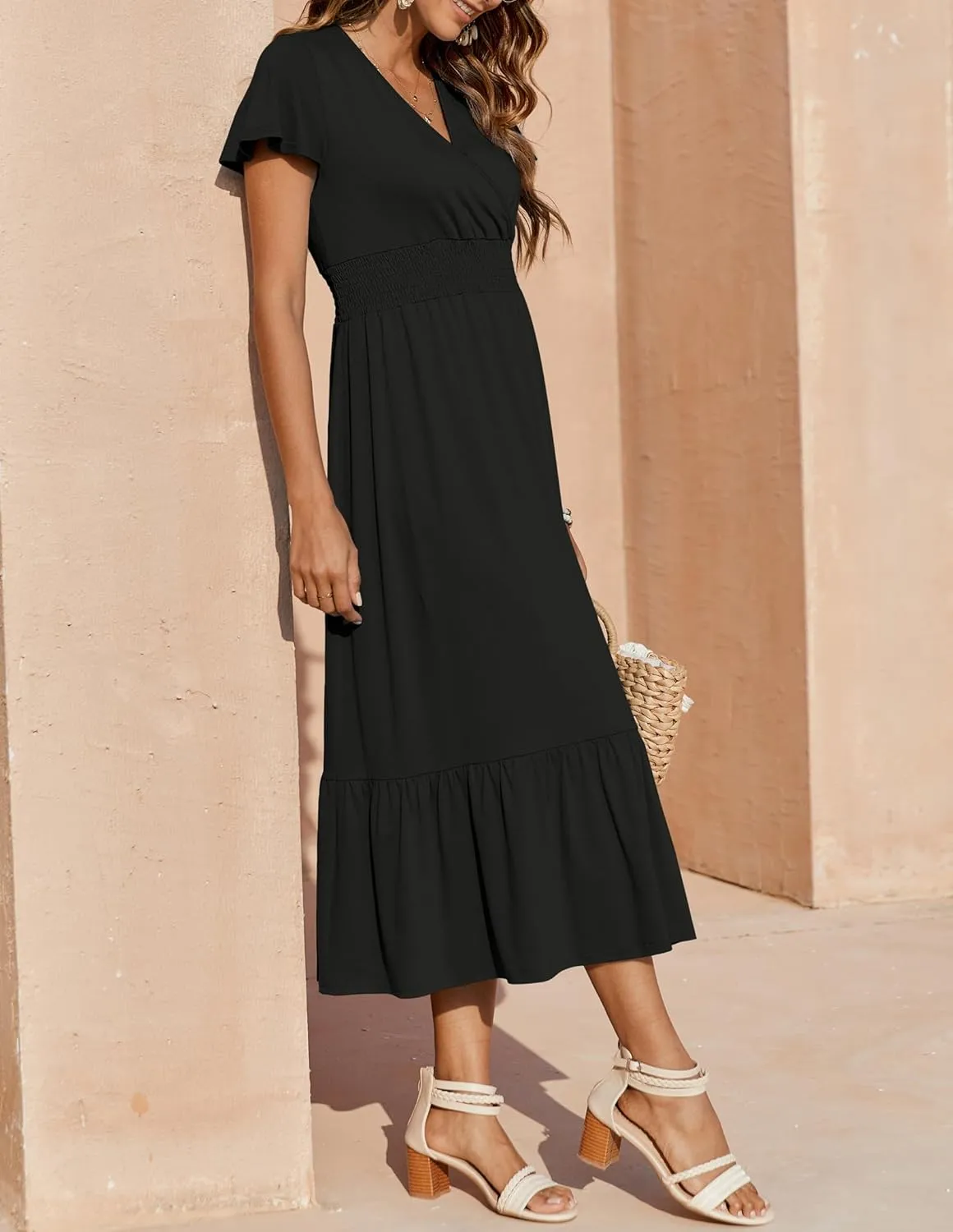 Bluetime Women Dresses Summer Casual Midi Dress Wrap V Neck Swing Ruffle Short Sleeve A-line High Waist Tiered Long Dress