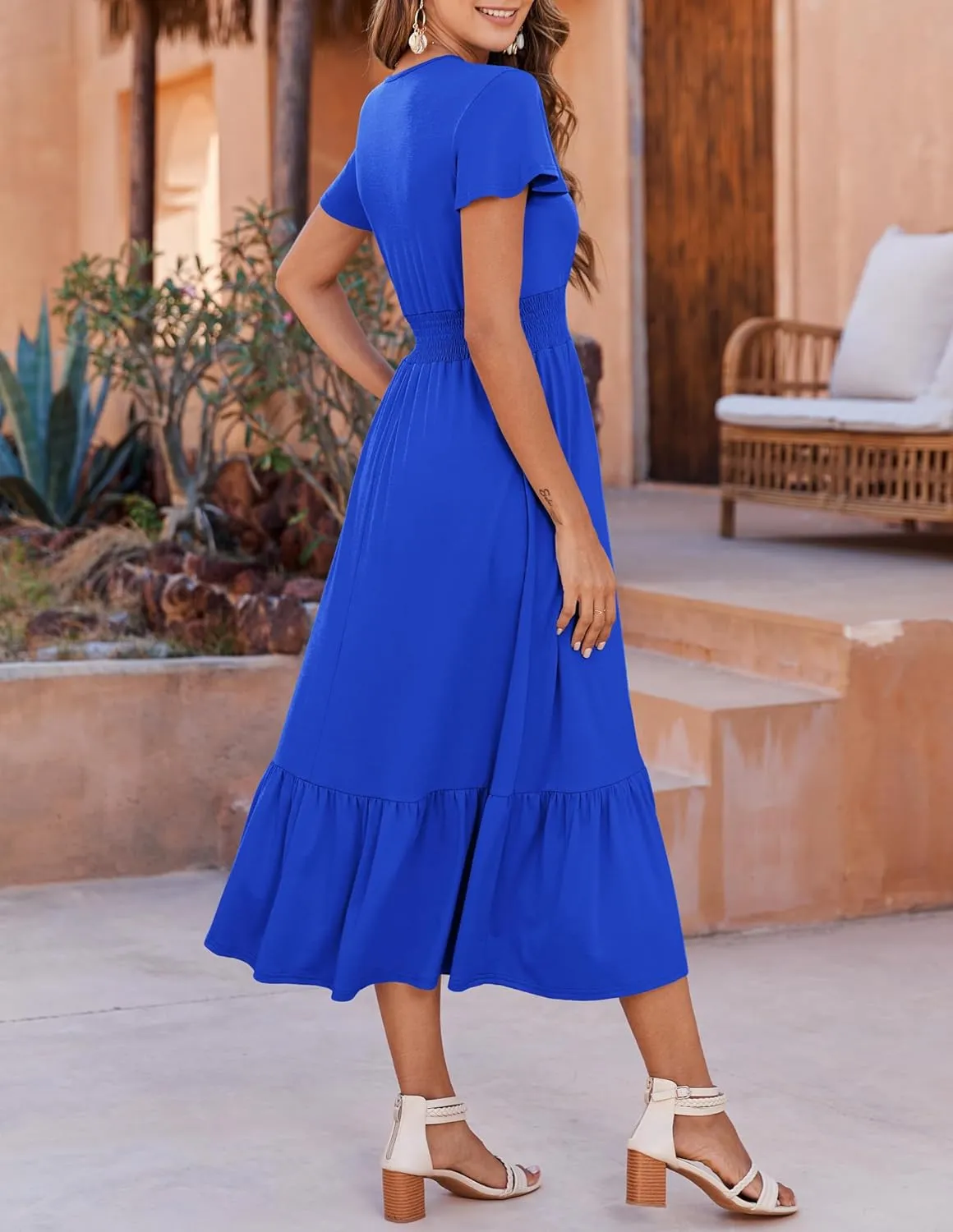 Bluetime Women Dresses Summer Casual Midi Dress Wrap V Neck Swing Ruffle Short Sleeve A-line High Waist Tiered Long Dress