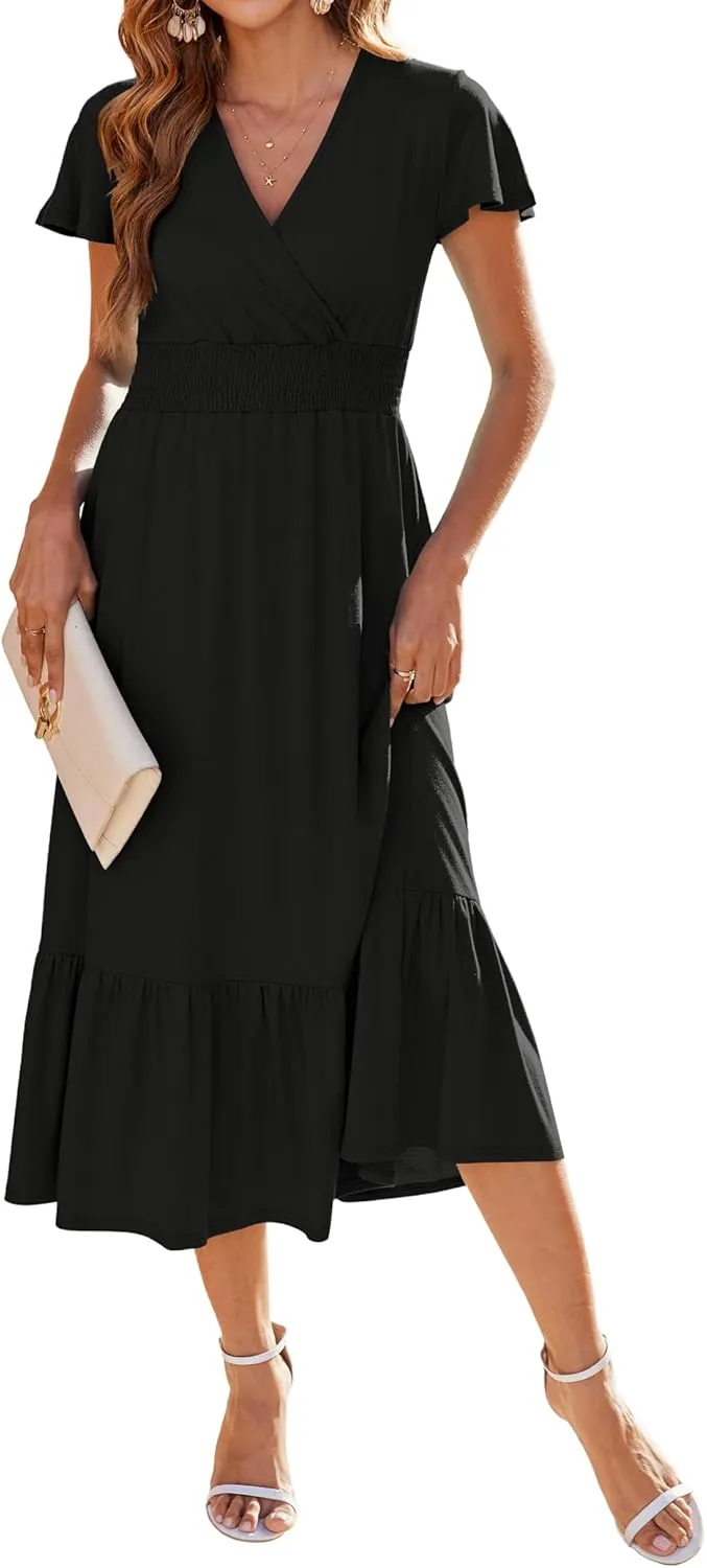 Bluetime Women Dresses Summer Casual Midi Dress Wrap V Neck Swing Ruffle Short Sleeve A-line High Waist Tiered Long Dress