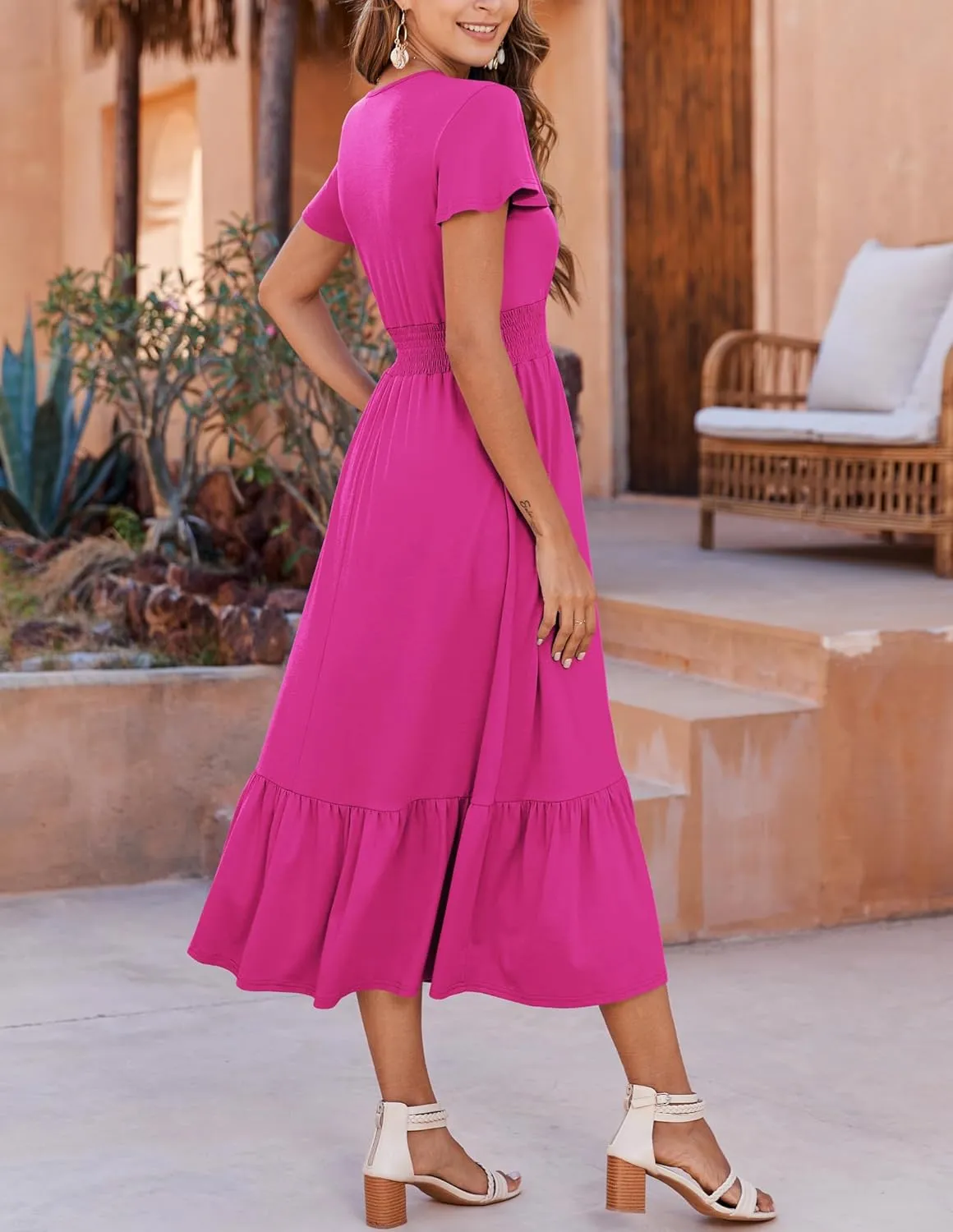 Bluetime Women Dresses Summer Casual Midi Dress Wrap V Neck Swing Ruffle Short Sleeve A-line High Waist Tiered Long Dress