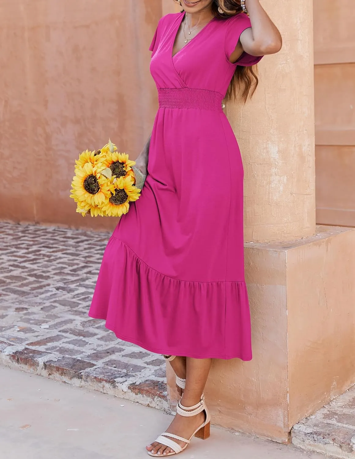 Bluetime Women Dresses Summer Casual Midi Dress Wrap V Neck Swing Ruffle Short Sleeve A-line High Waist Tiered Long Dress