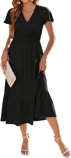 Bluetime Women Dresses Summer Casual Midi Dress Wrap V Neck Swing Ruffle Short Sleeve A-line High Waist Tiered Long Dress