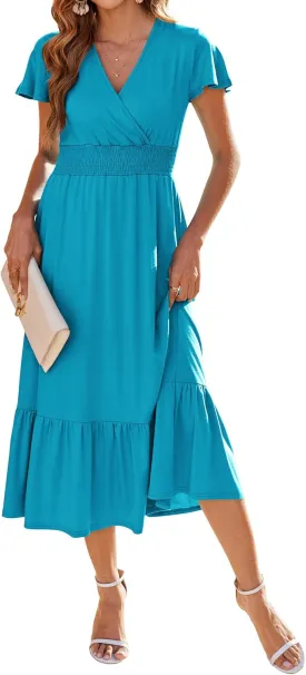 Bluetime Women Dresses Summer Casual Midi Dress Wrap V Neck Swing Ruffle Short Sleeve A-line High Waist Tiered Long Dress