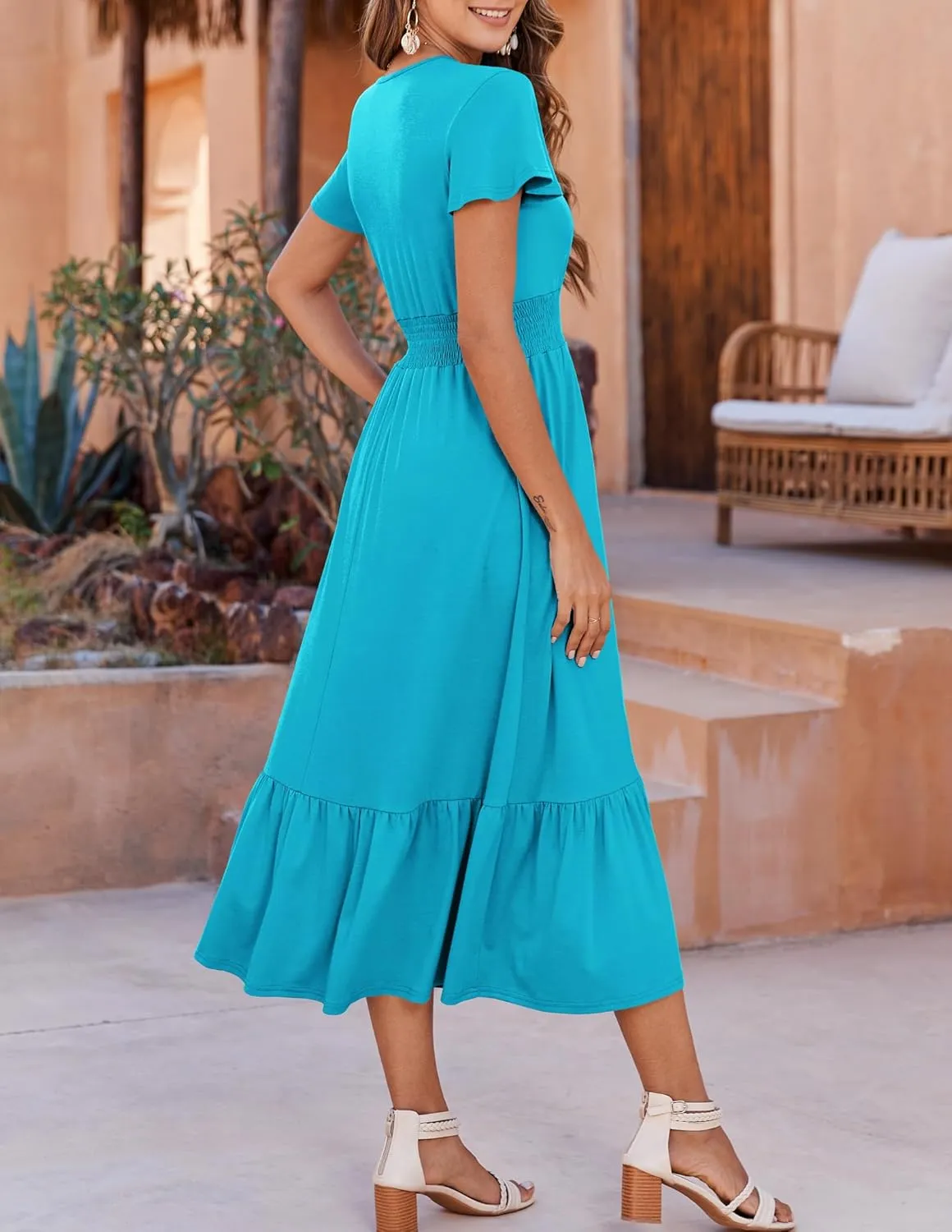 Bluetime Women Dresses Summer Casual Midi Dress Wrap V Neck Swing Ruffle Short Sleeve A-line High Waist Tiered Long Dress