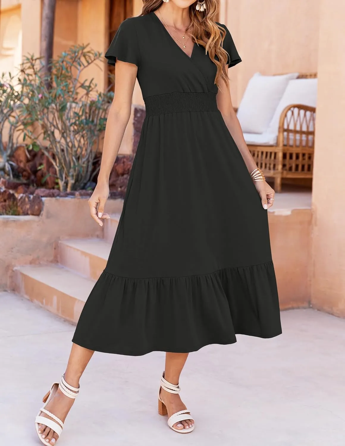 Bluetime Women Dresses Summer Casual Midi Dress Wrap V Neck Swing Ruffle Short Sleeve A-line High Waist Tiered Long Dress