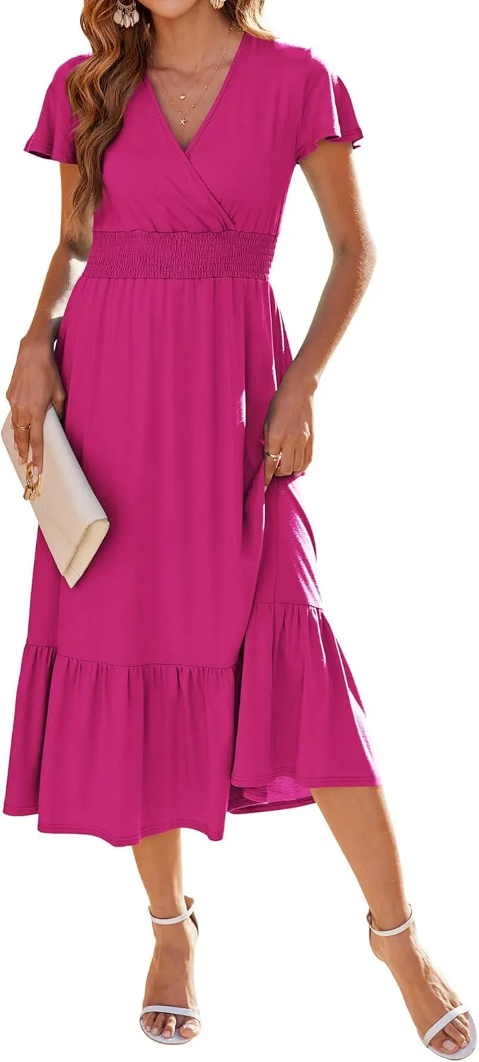 Bluetime Women Dresses Summer Casual Midi Dress Wrap V Neck Swing Ruffle Short Sleeve A-line High Waist Tiered Long Dress