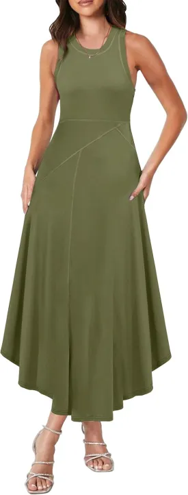 Caracilia Women Summer Sleeveless Maxi Sundress Casual Round Neck A-Line Flowy Racerback Long Beach Tank Dresses 2025 Trendy