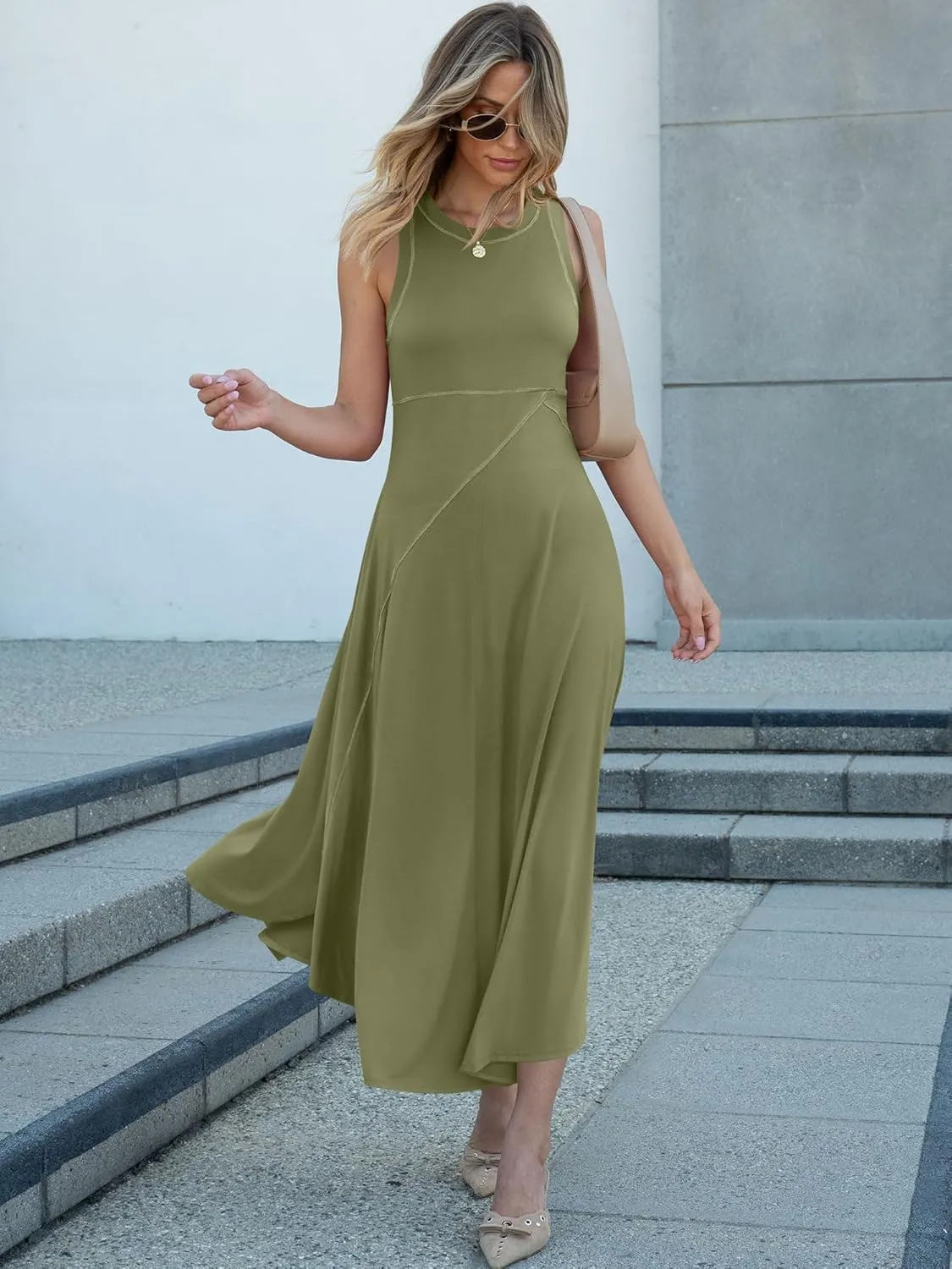 Caracilia Women Summer Sleeveless Maxi Sundress Casual Round Neck A-Line Flowy Racerback Long Beach Tank Dresses 2025 Trendy