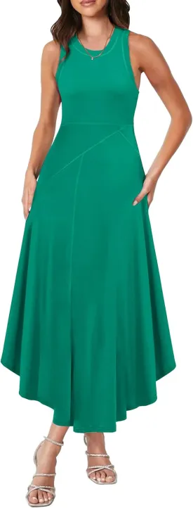 Caracilia Women Summer Sleeveless Maxi Sundress Casual Round Neck A-Line Flowy Racerback Long Beach Tank Dresses 2025 Trendy