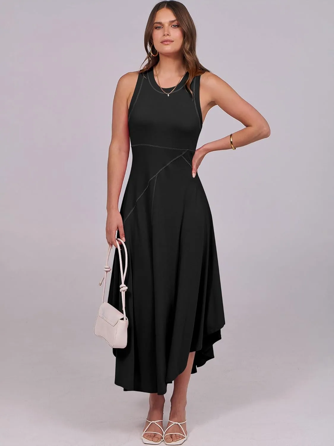 Caracilia Women Summer Sleeveless Maxi Sundress Casual Round Neck A-Line Flowy Racerback Long Beach Tank Dresses 2025 Trendy