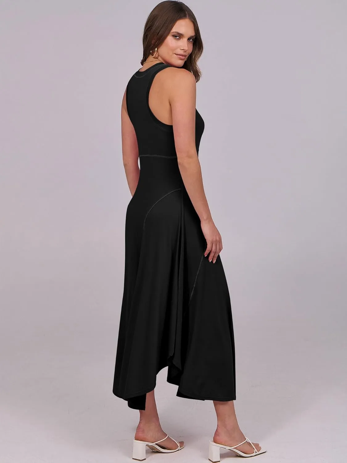 Caracilia Women Summer Sleeveless Maxi Sundress Casual Round Neck A-Line Flowy Racerback Long Beach Tank Dresses 2025 Trendy